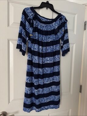 Michael Kors Navy and Light Blue Striped Off-Shoulder Dress